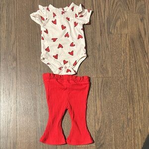 Jessica Simpson White Heart Print Onesie with Red Ribbed Pants
